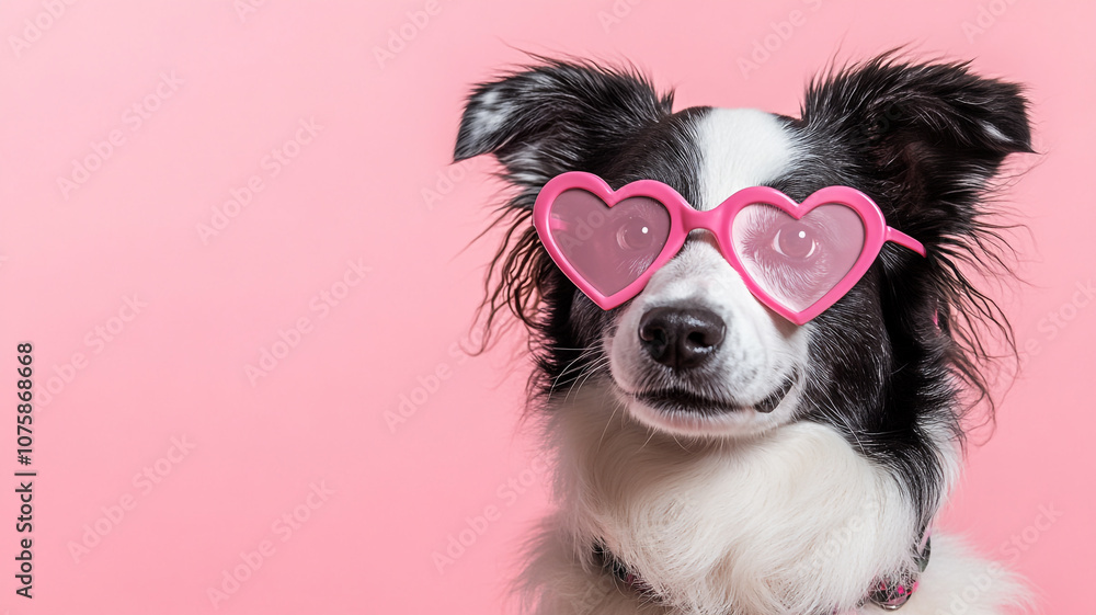 Fototapeta premium Playful dog wearing heart-shaped sunglasses for Valentine's Day celebration