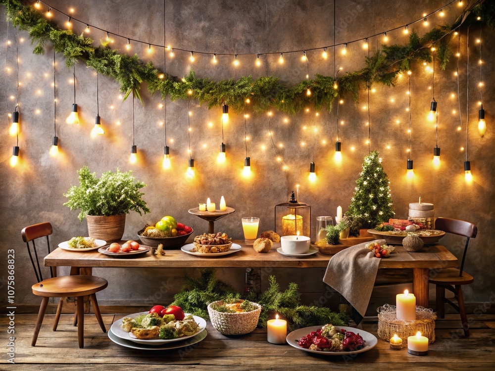 Cozy Food Scene with White LED Lights Garland on Wall, Inviting Table Setting with Delicious Dishes for a Warm Evening Gathering, Perfect for Holiday Celebrations and Culinary Inspiration Cozy Food Scene with White LED Lights Garland on Wall, Inviting Table Setting with Delicious Dishes for a Warm Evening Gathering, Perfect for Holiday Celebrations and Culinary Inspiration