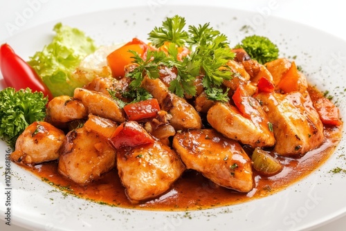 Chicken stir-fry with bell peppers and onions, topped with parsley, served on a white plate.