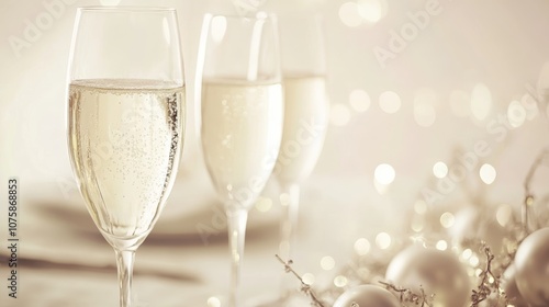 Three champagne glasses with bubbles, surrounded by festive lights and ornaments.