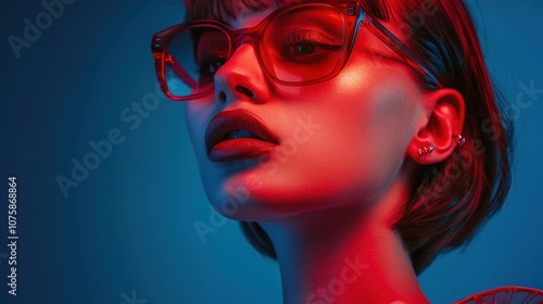 Trendy woman wearing fashionable red glasses on dark blue background. AI generated images