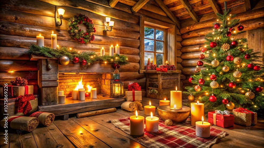 Cozy Rustic Wooden Log Cabin Interior with Festive Christmas Decorations, Candles, and Warm Lights for a Merry Christmas Atmosphere and Ample Copy Space for Text Overlay