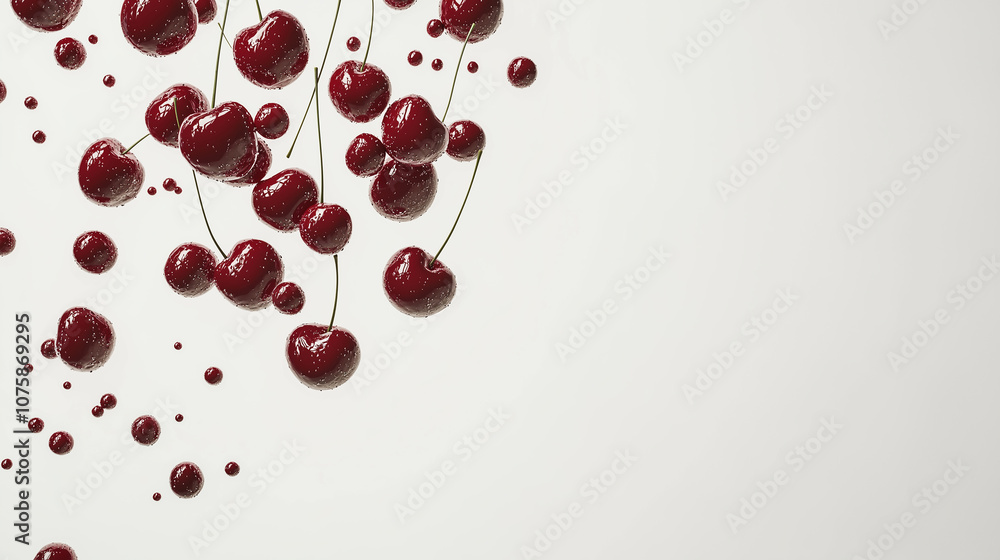 Ripe red cherries falling on white background with copy space Ripe red cherries falling on white background with copy space