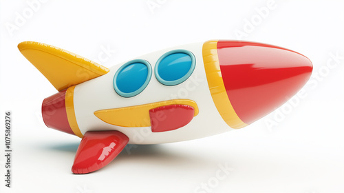Colorful toy rocket ship flying on white background