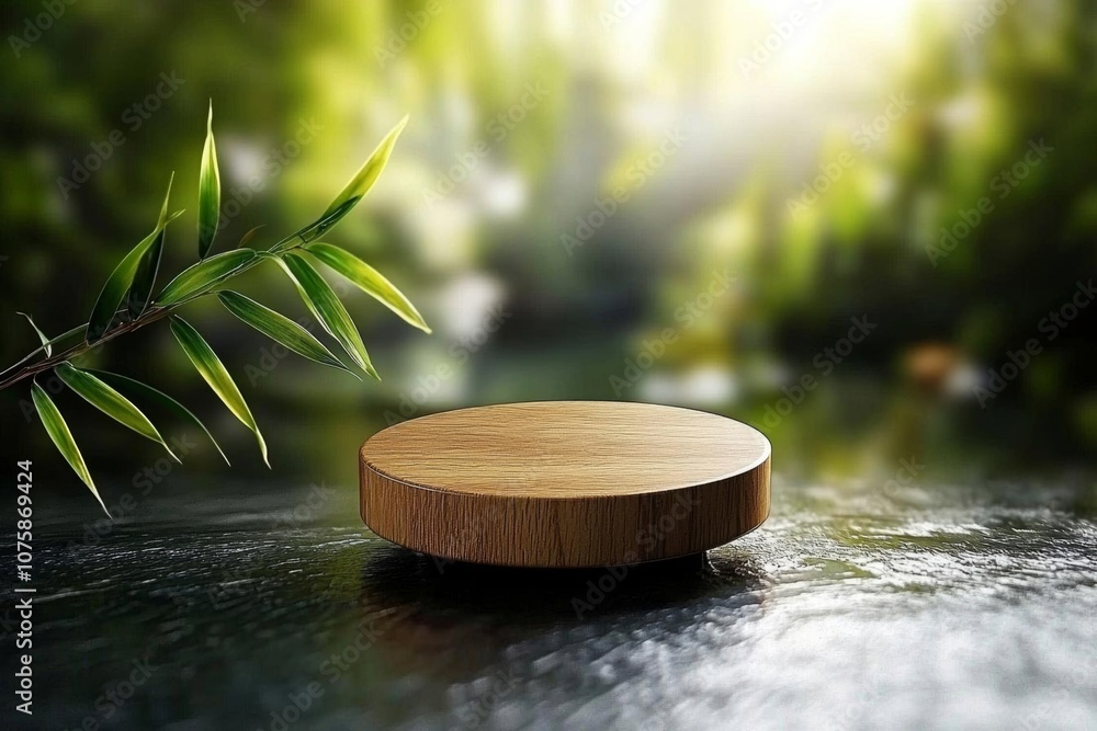 an empty wooden podium on nature background. Mock up stand for product presentation.  , isolated on white background,  , copy space, copy space for text,