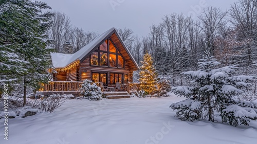 A cozy winter cabin surrounded by snow-covered trees decorated with festive holiday lights Families gather inside around a warm fireplace sharing holiday stories and laughter A picturesque holiday 