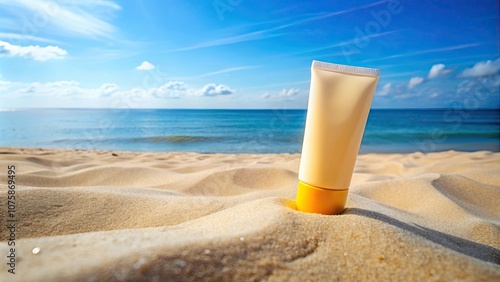 Mockup Bottle of Sunblock skincare cream on sandy beach under blue sky brighten daylight, sunblock, skincare, cream