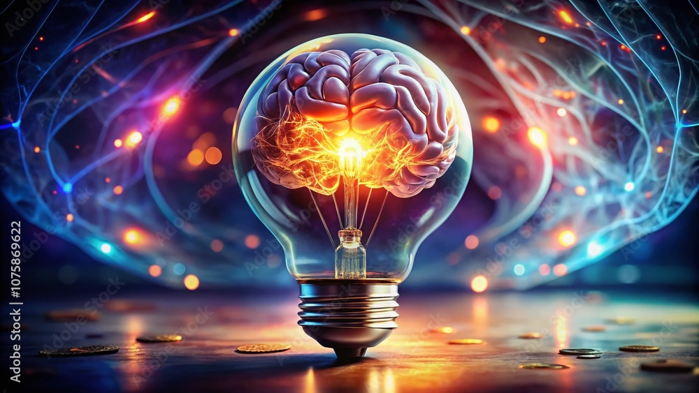 Creative Illustration of a Light Bulb with a Glowing Brain Inside, Symbolizing Innovation and Intelligence in a Modern Conceptual Design for Stock Photography Creative Illustration of a Light Bulb with a Glowing Brain Inside, Symbolizing Innovation and Intelligence in a Modern Conceptual Design for Stock Photography