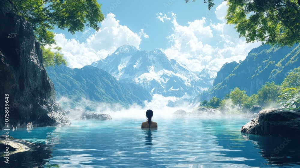 Fototapeta premium Serene figure in tranquil waters amidst majestic mountains.