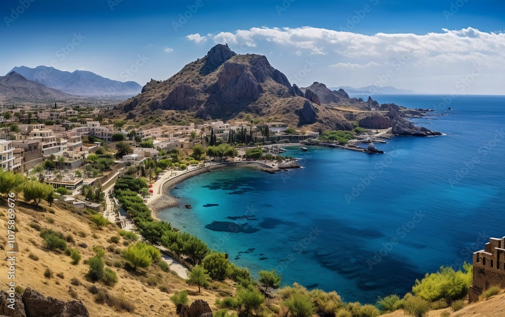 A scenic coastal view featuring mountains, a bay, and a serene beach under a clear sky. A scenic coastal view featuring mountains, a bay, and a serene beach under a clear sky.