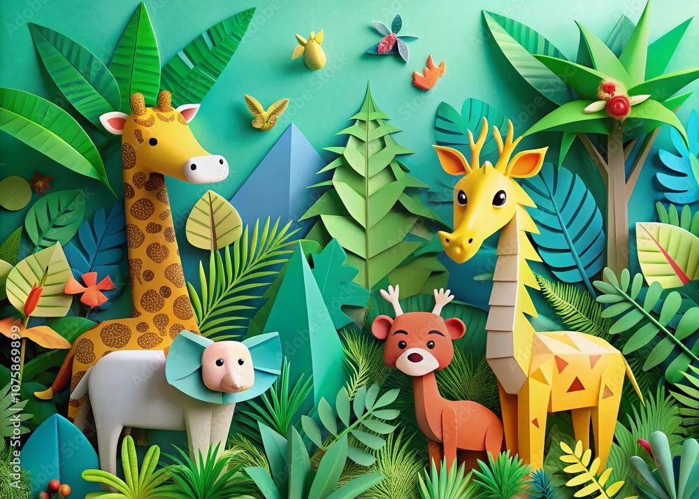 Cute Cartoon Jungle Poster with Paper Art Style Featuring Modern Origami Elements and Copy Space for Text, Perfect for Educational and Creative Projects Cute Cartoon Jungle Poster with Paper Art Style Featuring Modern Origami Elements and Copy Space for Text, Perfect for Educational and Creative Projects