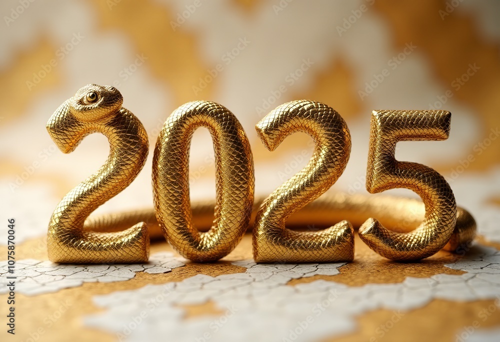 Glamorous 2025 Snake Year Design: 3D Golden Reptile Skin Texture on Numbers, Opulent White Gold Surface, Chinese Zodiac Celebration, Luxe New Year Artwork Glamorous 2025 Snake Year Design: 3D Golden Reptile Skin Texture on Numbers, Opulent White Gold Surface, Chinese Zodiac Celebration, Luxe New Year Artwork