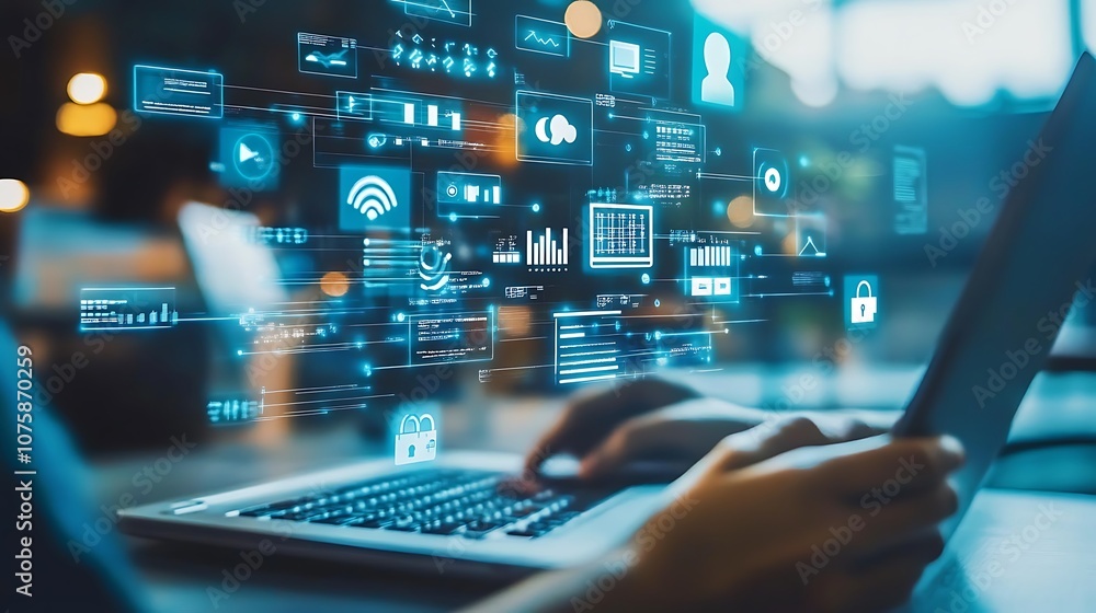 A person using a laptop with digital data and analytics visuals overlay. A person using a laptop with digital data and analytics visuals overlay.