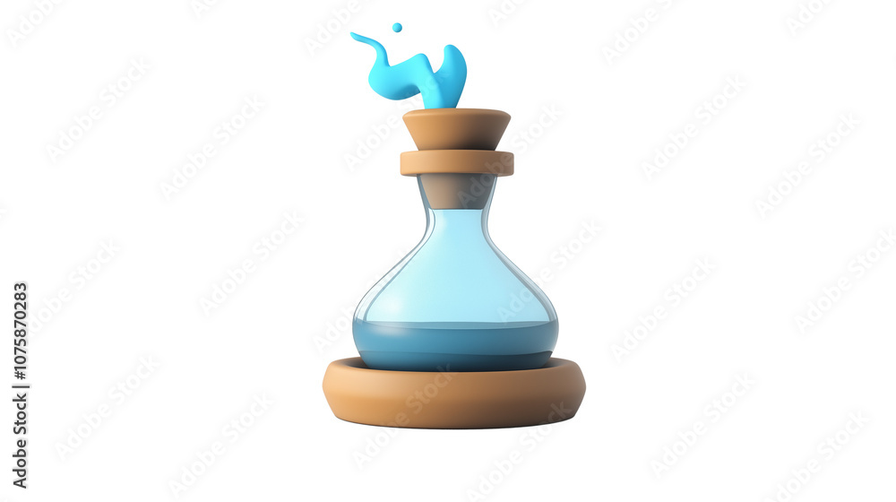 Glass potion bottle with blue liquid splashing on transparent background Glass potion bottle with blue liquid splashing on transparent background