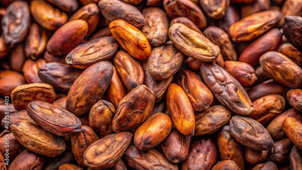 Close-up view of raw cocoa beans, showing rich texture and natural colors, cocoa, beans, raw, close-up, texture