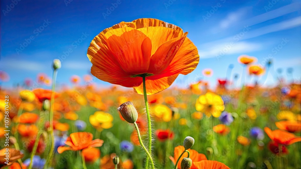 Obraz premium Close-up of vibrant orange poppy in a wildflower field under a clear blue sky, poppy, orange, wildflower, field, blue sky, nature