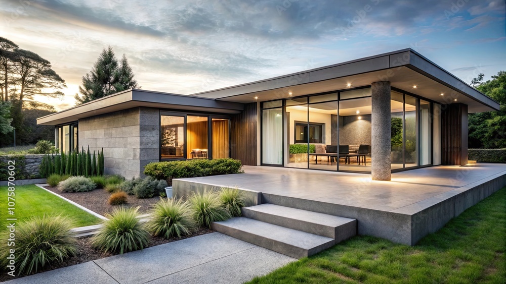 Exterior of a luxurious bungalow with exposed concrete walls, glass windows Exterior of a luxurious bungalow with exposed concrete walls, glass windows