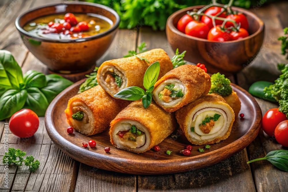 Deliciously Golden Chicken Rolls on a Rustic Wooden Table Surrounded by Fresh Ingredients and Dipping Sauce for an Appetizing Culinary Presentation Deliciously Golden Chicken Rolls on a Rustic Wooden Table Surrounded by Fresh Ingredients and Dipping Sauce for an Appetizing Culinary Presentation