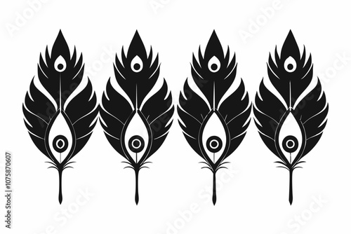 Set of Black peacock feather silhouette Vector illustration, Vector silhouette of a Peacock feather, black and white Peacock feather Silhouette, Peacock feather logo icon template vector illustration.