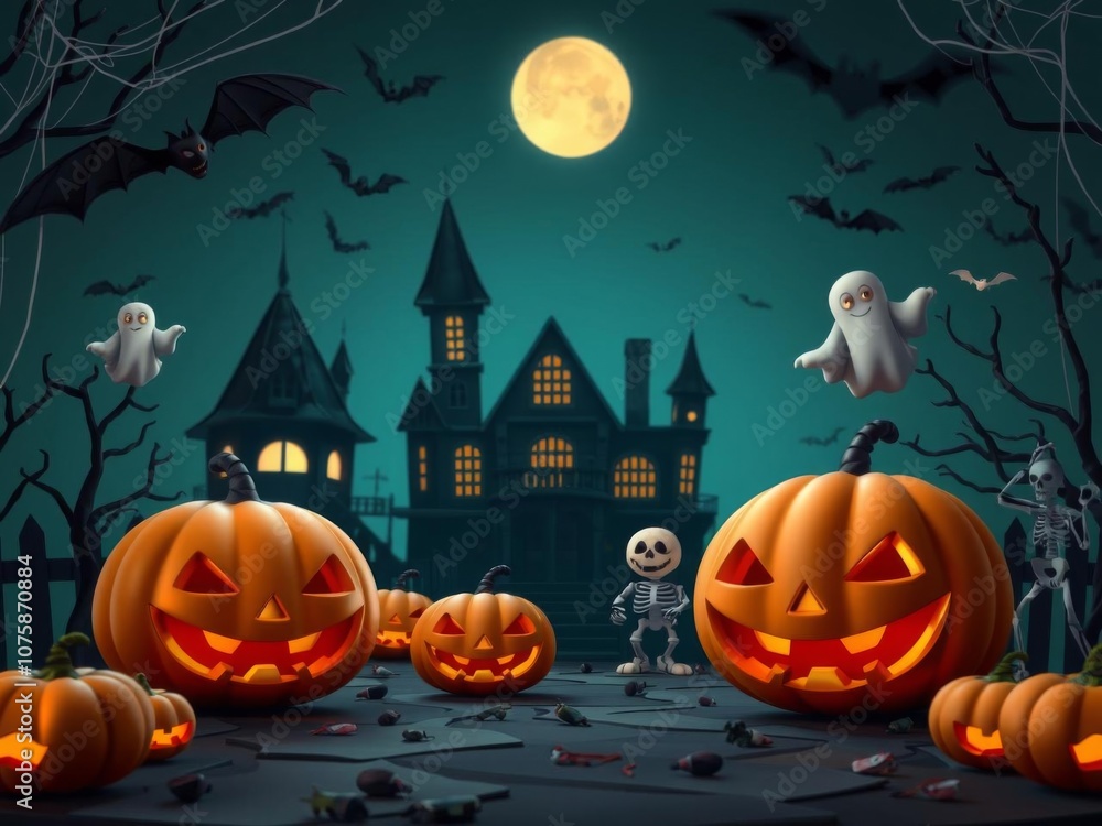 3D illustration of spooky halloween characters in a haunted mansion with bats, jack-o-lanterns, ghosts, skeletons, and cobwebs, mansion, characters 3D illustration of spooky halloween characters in a haunted mansion with bats, jack-o-lanterns, ghosts, skeletons, and cobwebs, mansion, characters