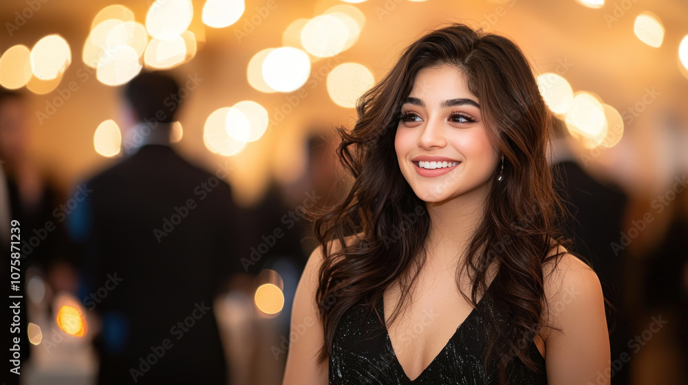 young woman smiles brightly at networking event, surrounded by soft lights. young woman smiles brightly at networking event, surrounded by soft lights.