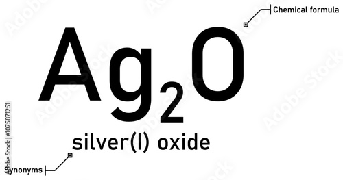 Silver(I) oxide chemical formula and synonyms with callout titles photo