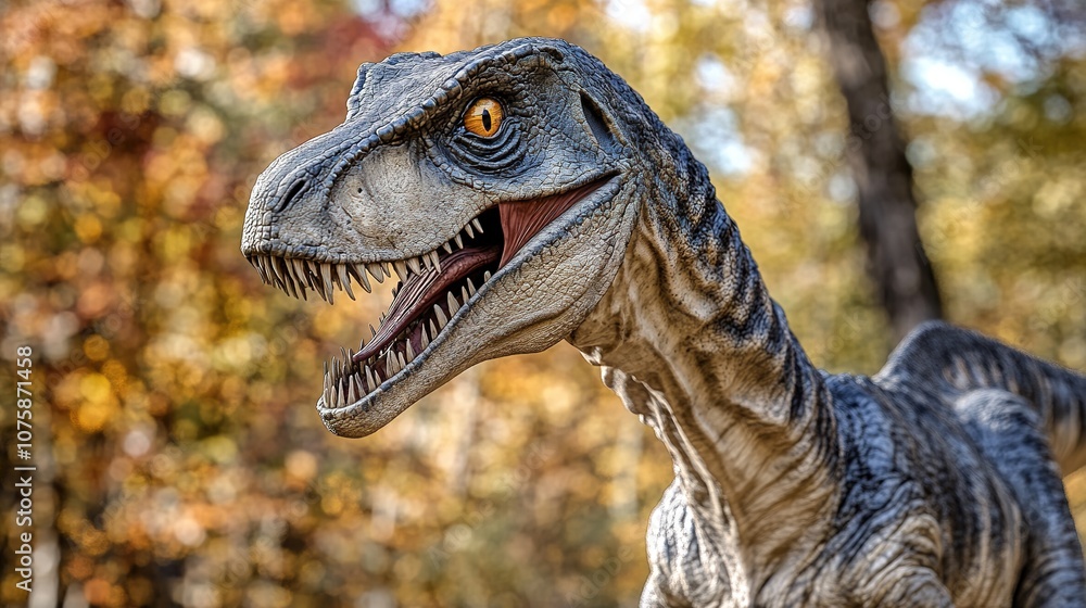 Obraz premium A cinematic photoshoot of a Velociraptor captured with an 85mm lens, showcasing incredible depth of field and tilt-shift blur.