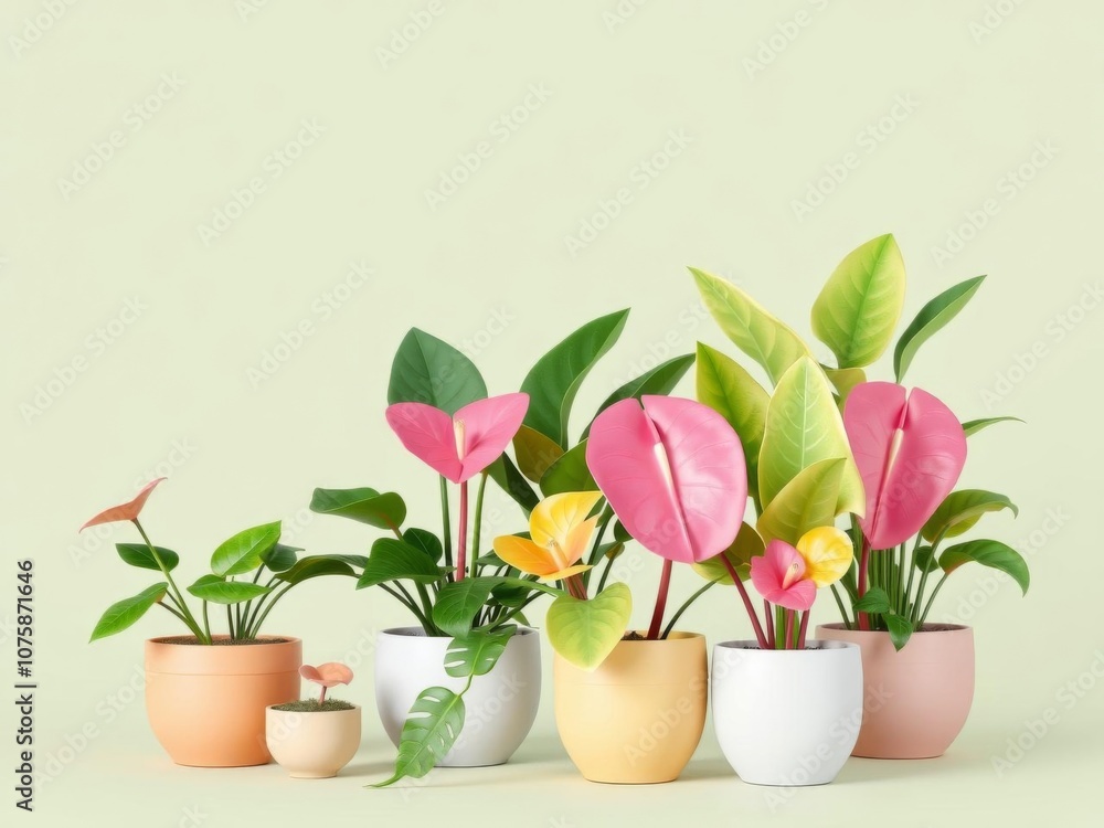 3D render of vivid pink potted monstera plants against monochromatic pink backdrop, isolated, home decor
