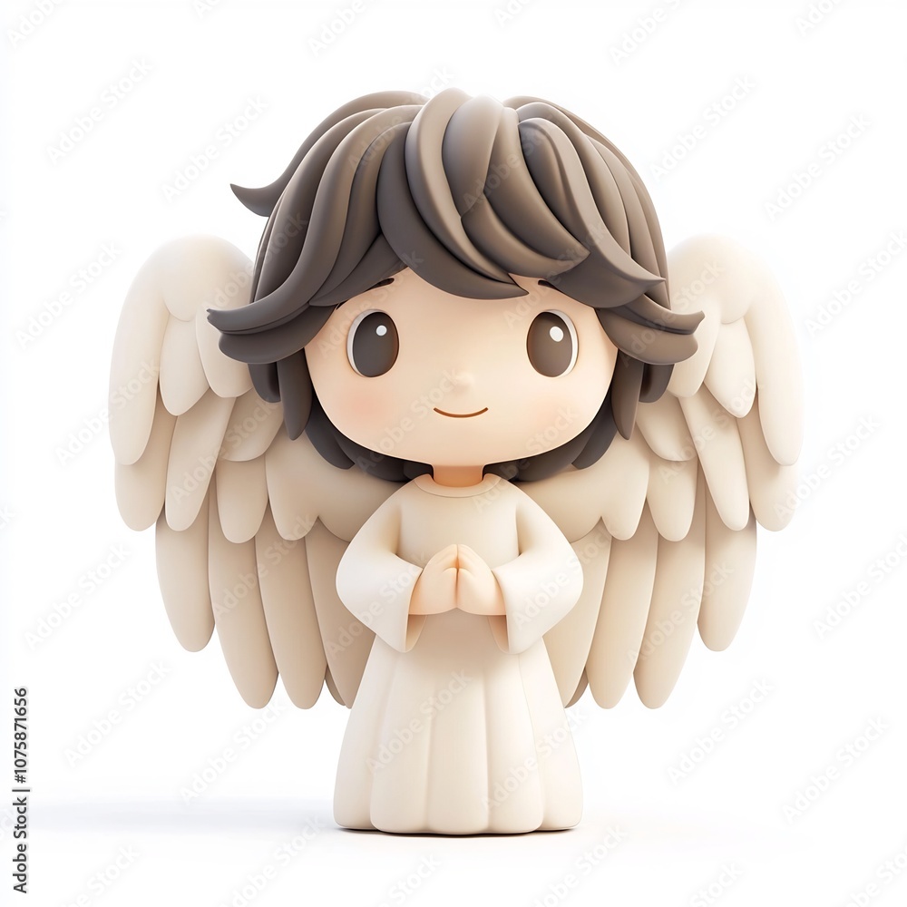Fototapeta premium Cute 3D Angel Figurine with Graceful Wings on White Background