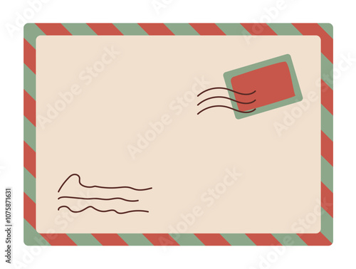 Flat envelope sticker and mail card with note and message elements. Simple postal design with sticker trendy colors. Suitable for greeting cards, invitations, or communication templates.