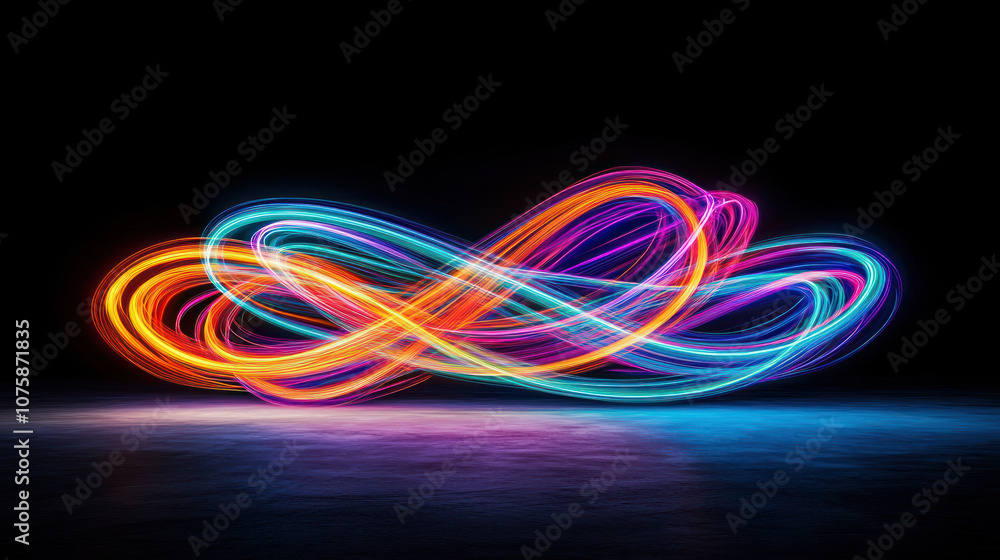 Vibrant light trails in neon colors create mesmerizing visual effect. Vibrant light trails in neon colors create mesmerizing visual effect.