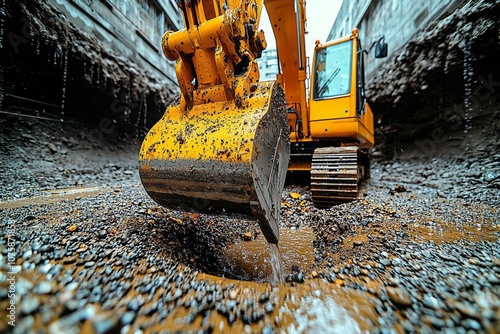 Construction equipment disrupts a busy street as water and debris erupt from the ground during a morning project in an urban area