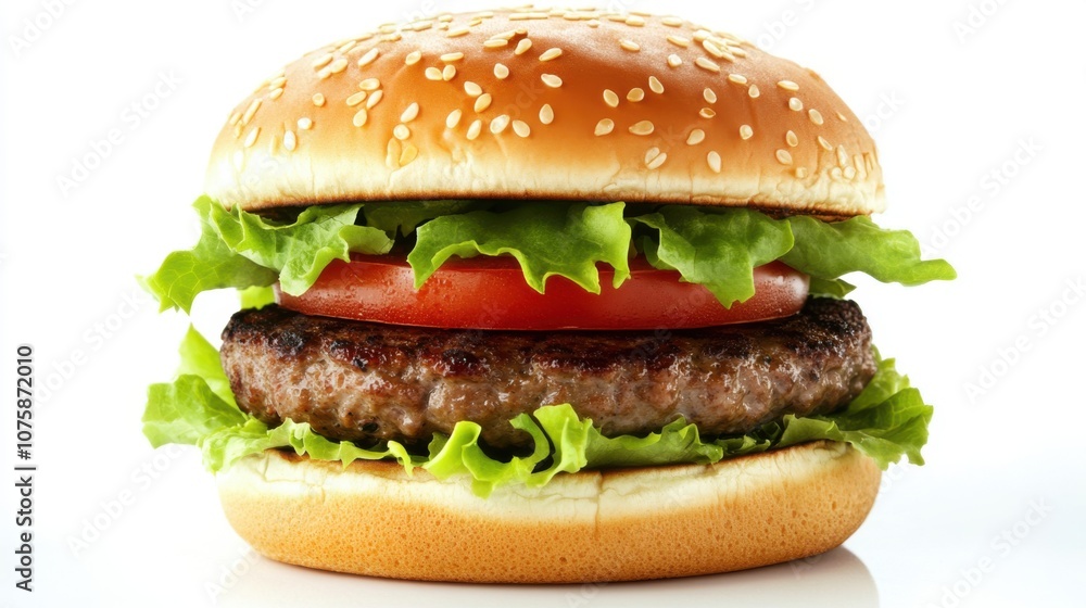 A freshly grilled hamburger with a thick beef patty, A freshly grilled hamburger with a thick beef patty,