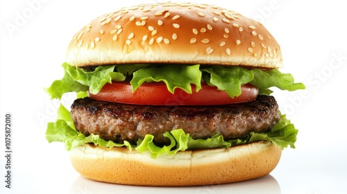 A freshly grilled hamburger with a thick beef patty,