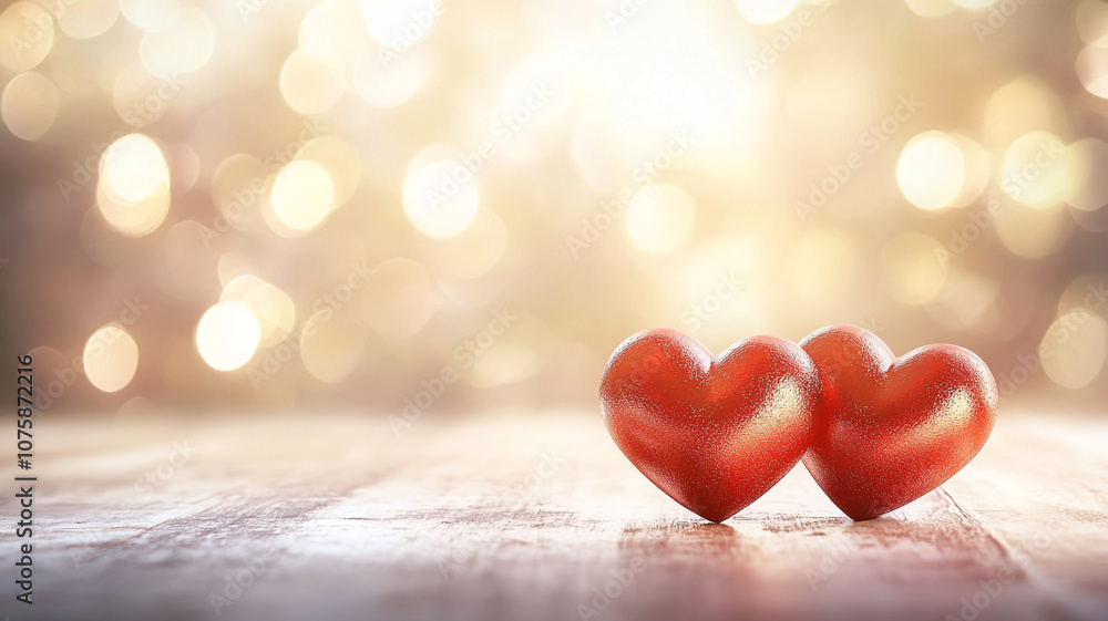 Two decorative red hearts on a wooden surface amidst a sparkling background for Valentine's Day Two decorative red hearts on a wooden surface amidst a sparkling background for Valentine's Day
