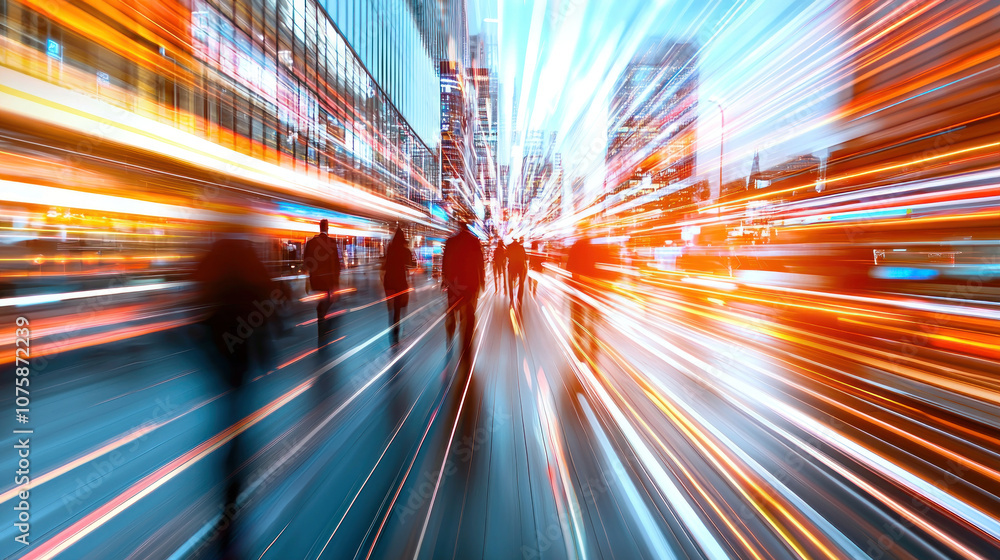 Fototapeta premium Dynamic city scene with blurred motion of people and lights creating energy.