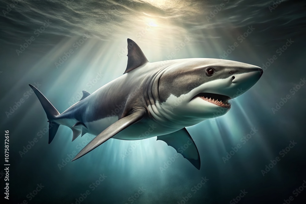 Obraz premium Dynamic Portrait of an Aggressive Shark with Gray Skin Swimming in a Minimalist Style, Captured in Architectural Photography for Stunning Visual Appeal