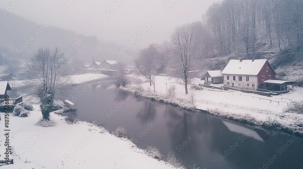 A serene winter snow scene with a blanket of fresh snow covering the ground. Snowflakes gently fall from the sky, creating a peaceful and tranquil atmosphere. The landscape is dotted with bare trees, A serene winter snow scene with a blanket of fresh snow covering the ground. Snowflakes gently fall from the sky, creating a peaceful and tranquil atmosphere. The landscape is dotted with bare trees,