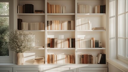Sunlit Cozy Elegant Home Library with Window and Books: Empty Room. Zoom Virtual Backgrounds, Cozy Interior Backdrops, Living Room Backgrounds for Virtual Meetings