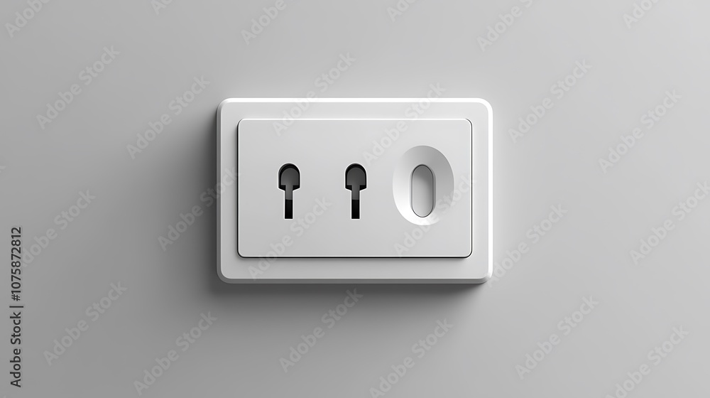 A white electrical outlet with two slots and a round hole, designed for connecting devices to power. A white electrical outlet with two slots and a round hole, designed for connecting devices to power.