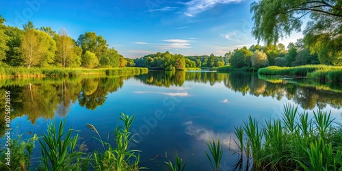 Tranquil lake surrounded by lush vegetation in Hortob?gy National Park, Hortob?gy, National Park, Lake, Water, Reflection
