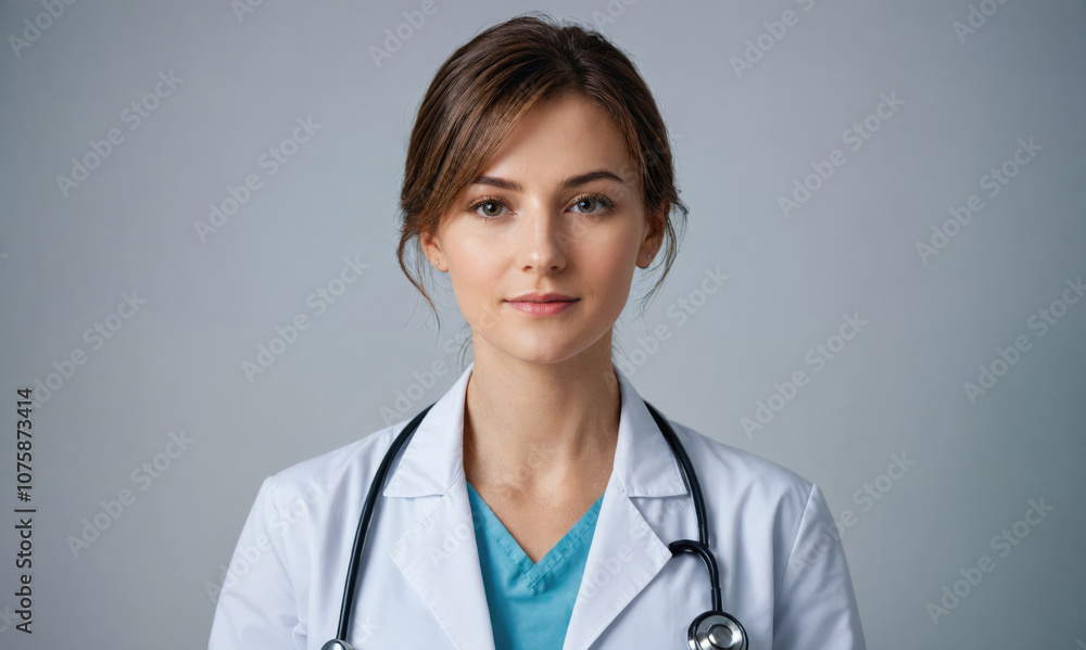 A woman in a white lab coat with a stethoscope around her neck A woman in a white lab coat with a stethoscope around her neck