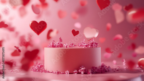 A romantic scene with pink hearts and petals above a round pedestal on a soft backdrop