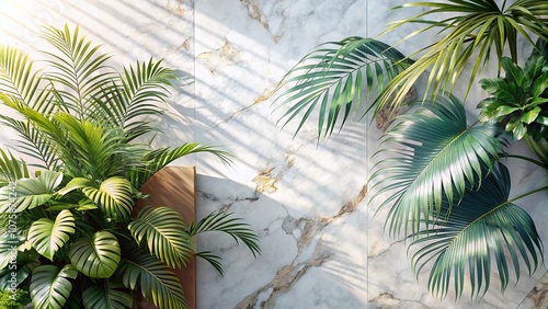 Elegant Marble Textures and Tropical Shadows in Pastel Hues Creating a Serene Ambiance for Sophisticated Interior Decor and Drone Photography Inspiration