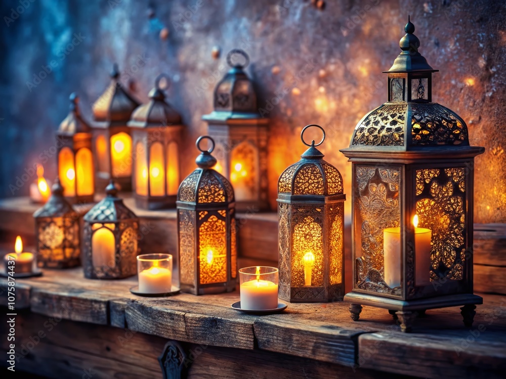 Fototapeta premium Elegant Moroccan Lanterns Illuminating Candles on a Rustic Wooden Shelf - A Captivating Tilt-Shift Photography Perspective Showcasing Warmth and Charm
