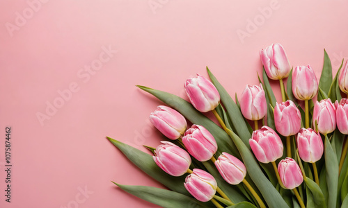 A bouquet of pink tulips is arranged in a row on a pink background