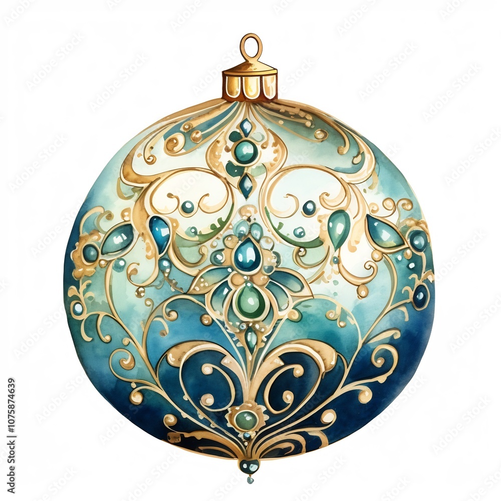 Fototapeta premium Intricate Watercolor Bauble Ornament Hanging Gracefully on White Background
