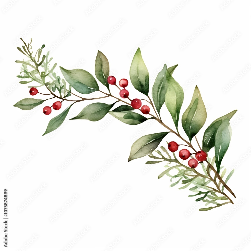 Lush Watercolor Garland with Red Berries and Twinkling Lights on White Background Lush Watercolor Garland with Red Berries and Twinkling Lights on White Background