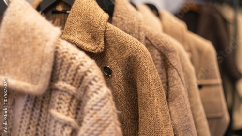 Rows of coats and sweaters in a luxury store, timeless and classic women's fashion,