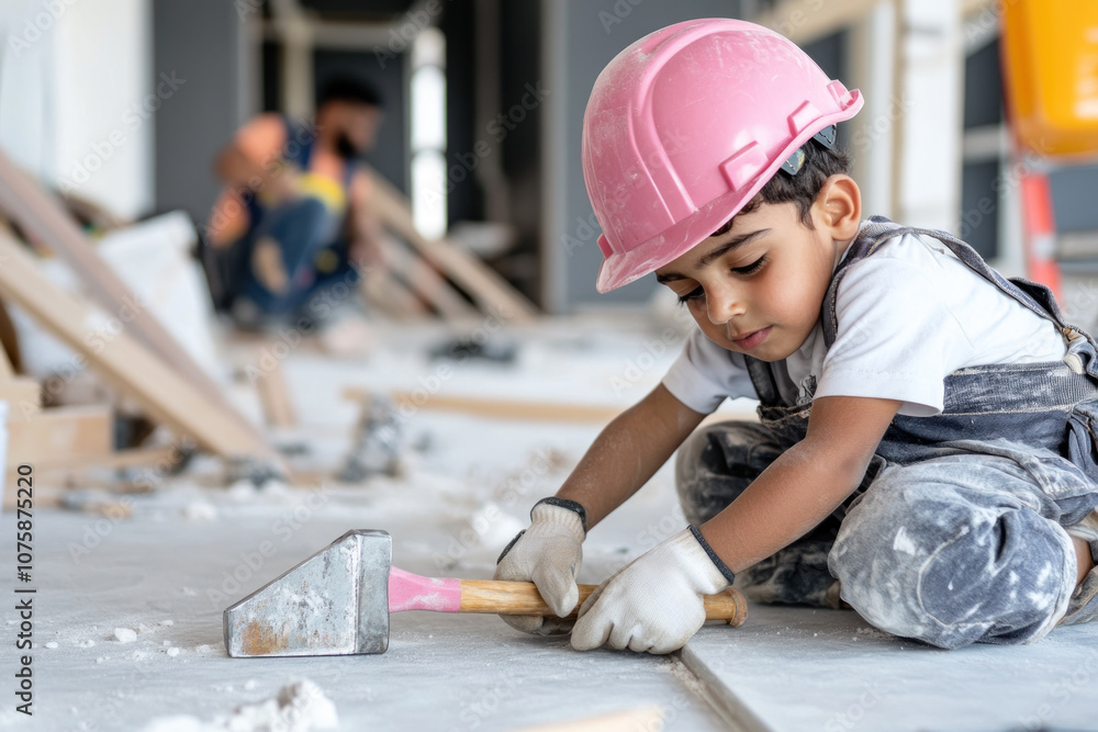 Arabian little boy cosplay as builder construction worker at living room Arabian little boy cosplay as builder construction worker at living room